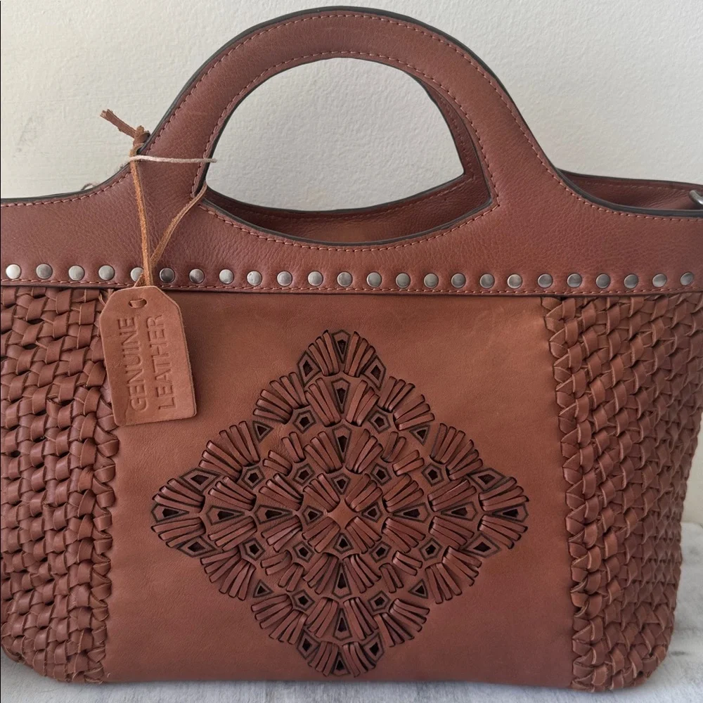 Made in India Woven Brown Leather Med Handbag Crossbody Metal Studs Unique